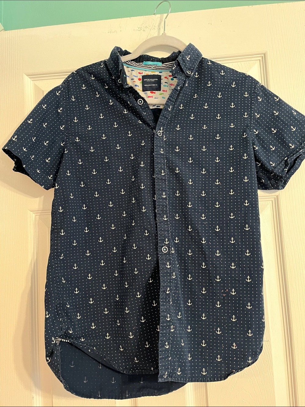 Men's Denim and Flower Navy Anchor-Print Short Sleeve Shirt